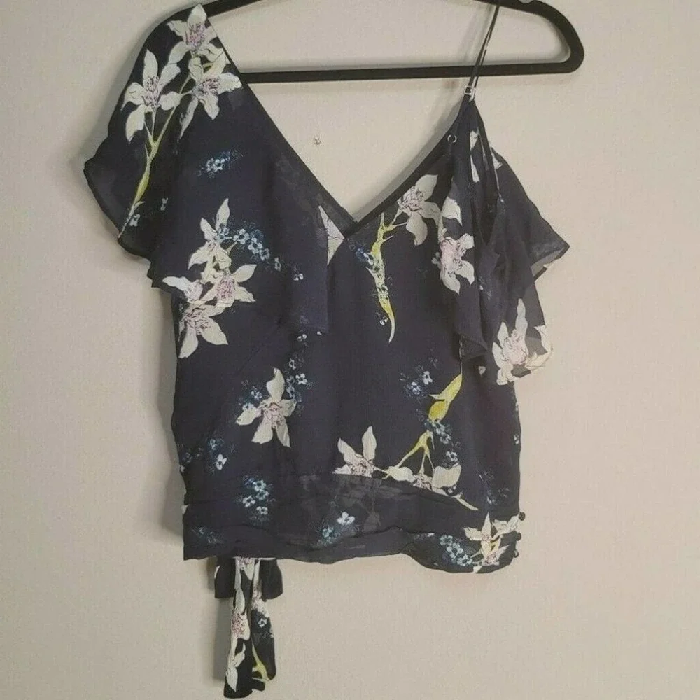PAIGE Chereen Ruffle One-Shoulder Silk Ruffle Trim Flutter Sleeve Top Size Small